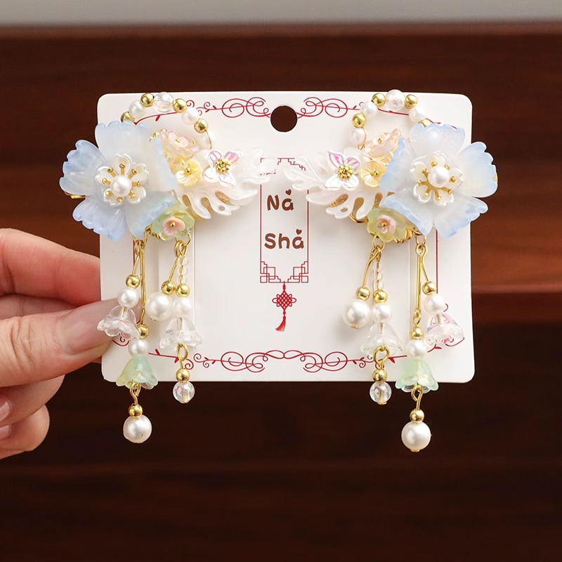 Horquilla de los niños estilo antiguo hanfu tocado lindo perla flor borla clip bebé cinta accesorios para el cabello