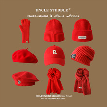 紅色圍巾棒球帽針織帽男聖誕節禮物大紅色貝雷帽女生年會送禮帽子
