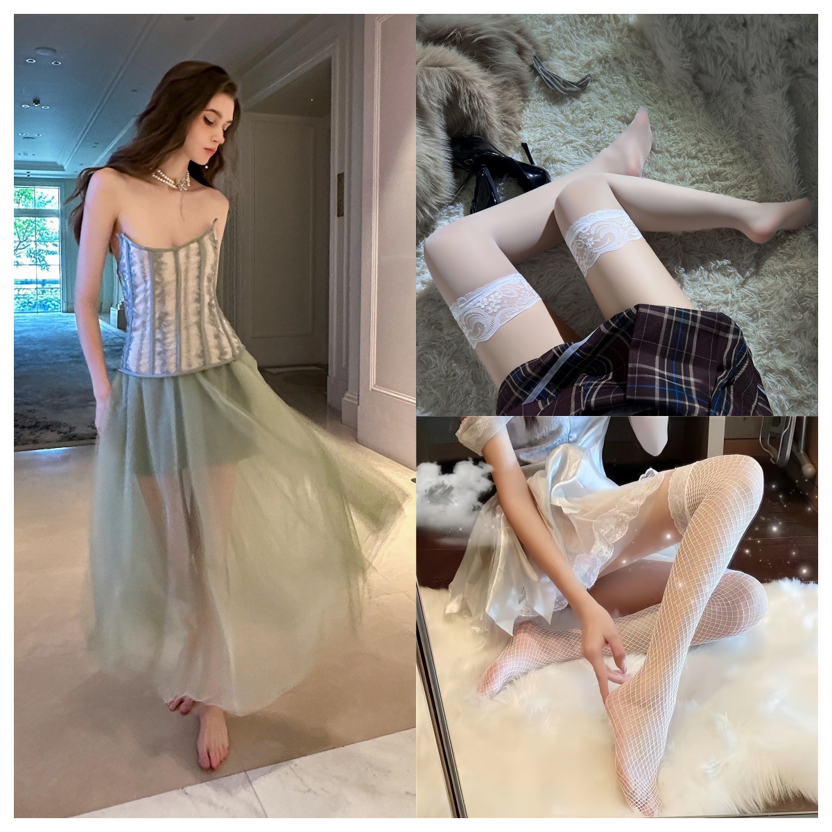 연한 녹색 정장 + 흰색 스타킹 + 흰색 망사 스타킹