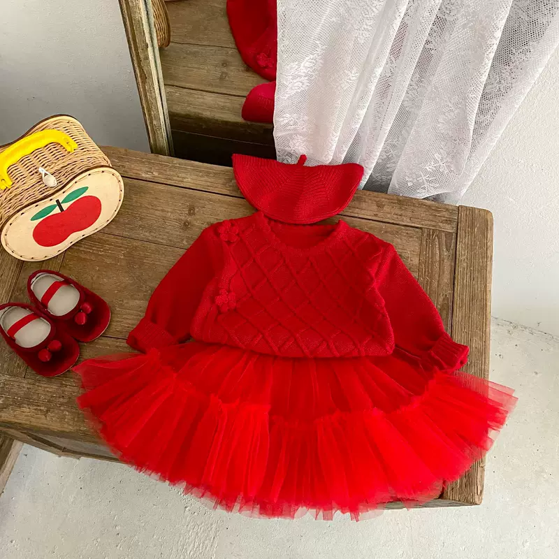 Spring children's cotton knitted keep warm sweater, skirt
