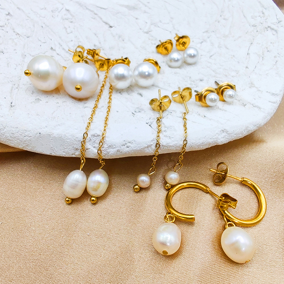 9g Weight Titanium Steel Ear Needle Material 14K Gold Plated Plating Material 1 Pair 14K Gold Plated Freshwater Pearl Titanium Steel Pearl Geometric Drop Earrings Ear Studs