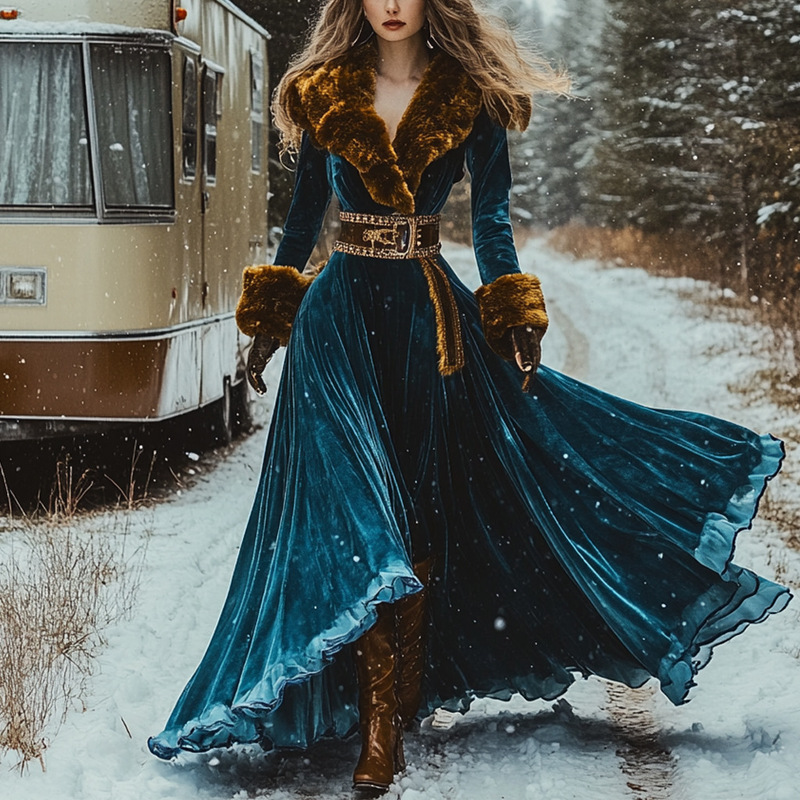 2025 European and American Clothing Aliexpress Long-Sleeved Long Thickeneded Gold Velvet Dress Fur Collar Jacket Dress