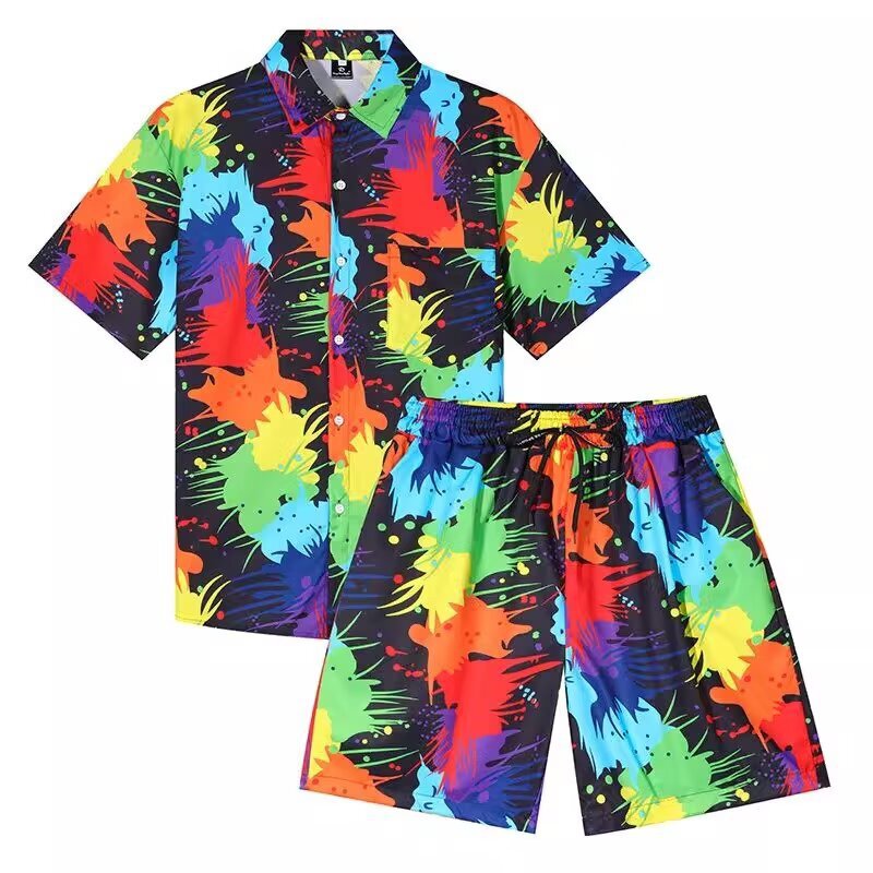 Hawaiian Flower Shirt Men's Summer Loose Beach suit Hainan Sanya Thailand Travel Short Sleeve Shirt Set