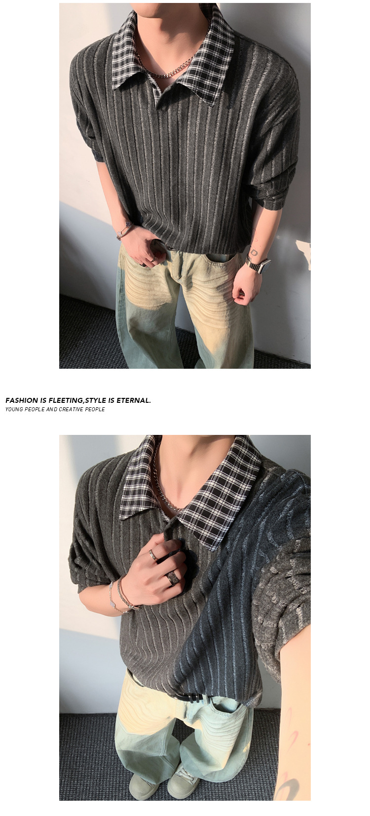 Men's Long Sleeve Plaid T-shirt Korean Style Cleanfit Shirt_voghion.com