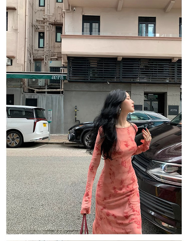 2026 Hong Kong Style Retro Mesh Printed Long Dress Slim Fit Pure Desire Three-Dimensional Jacquard Retro Waist-Cinching Fishtail Dress