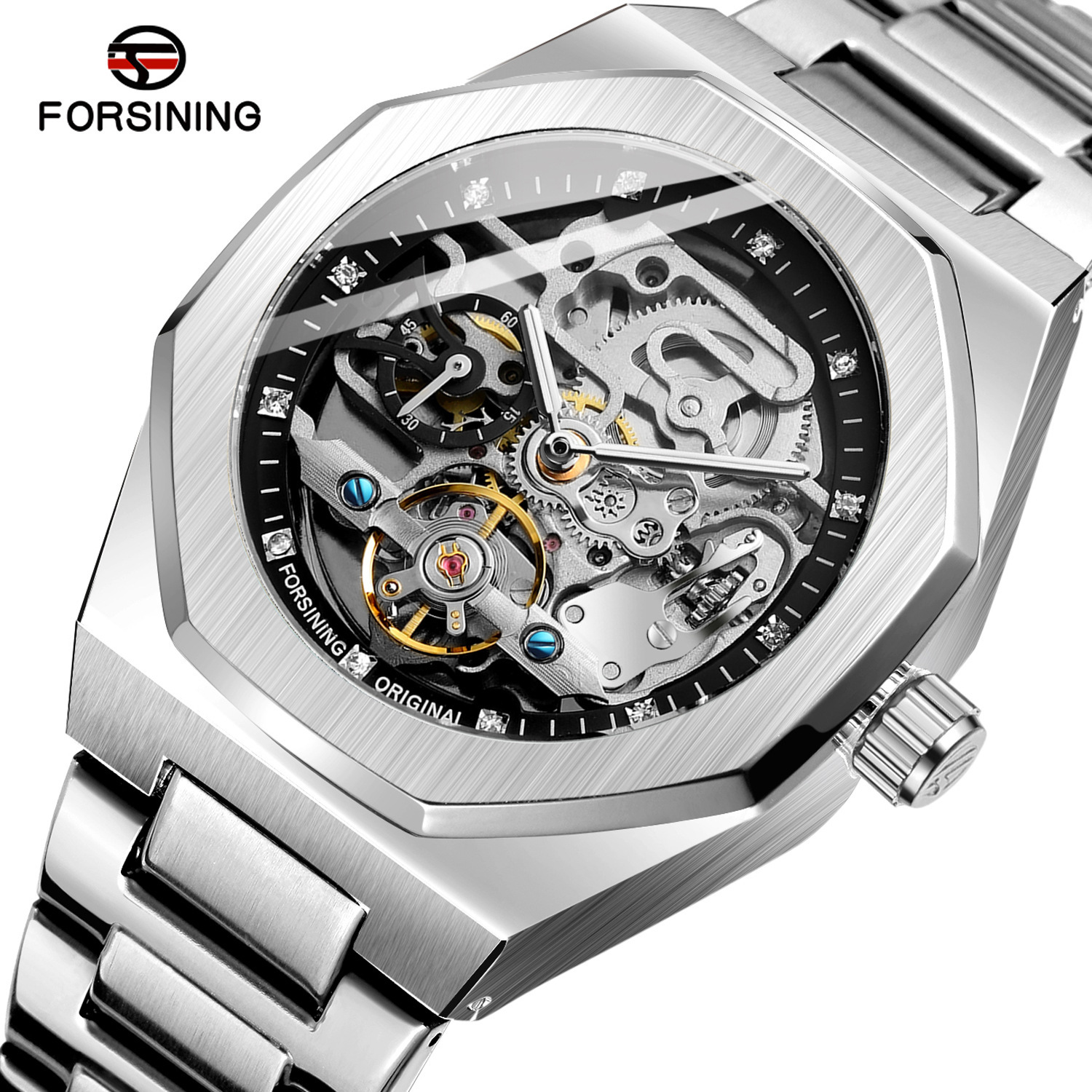 Forsining/fusini hombres casual reloj hueco volante automático reloj mecánico rhinestone hombres