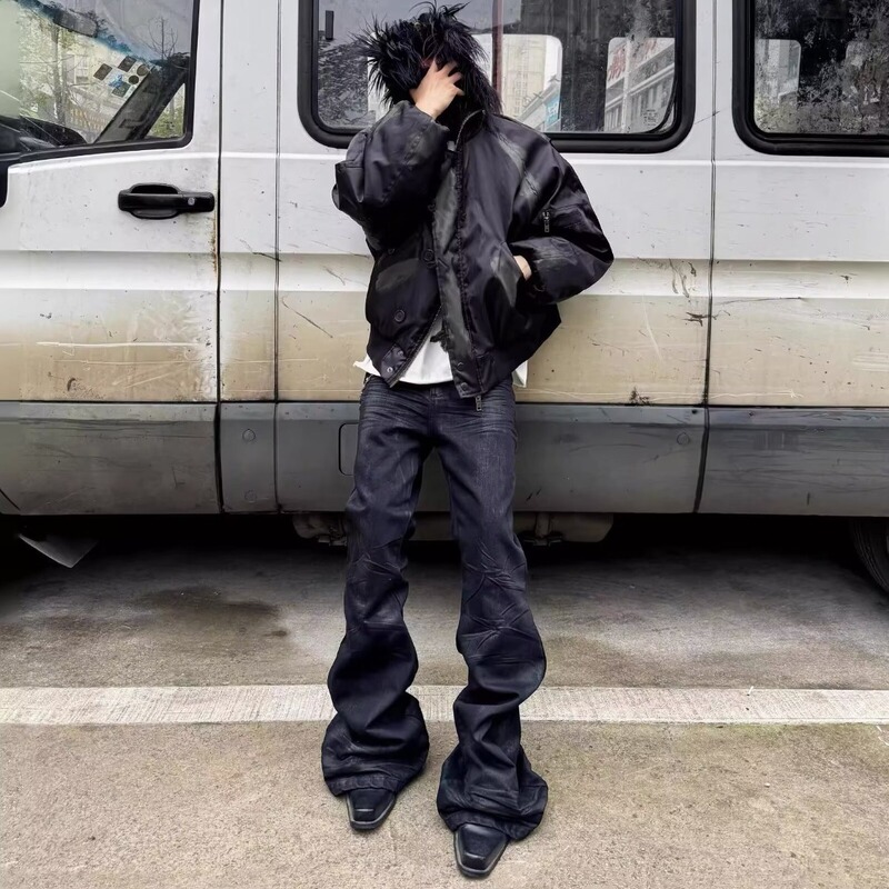 Aoc Handmade Waxed Black Rubber Coated Bootcut Jeans Men's Slim Bootcut Stacked Floor-Length Pants