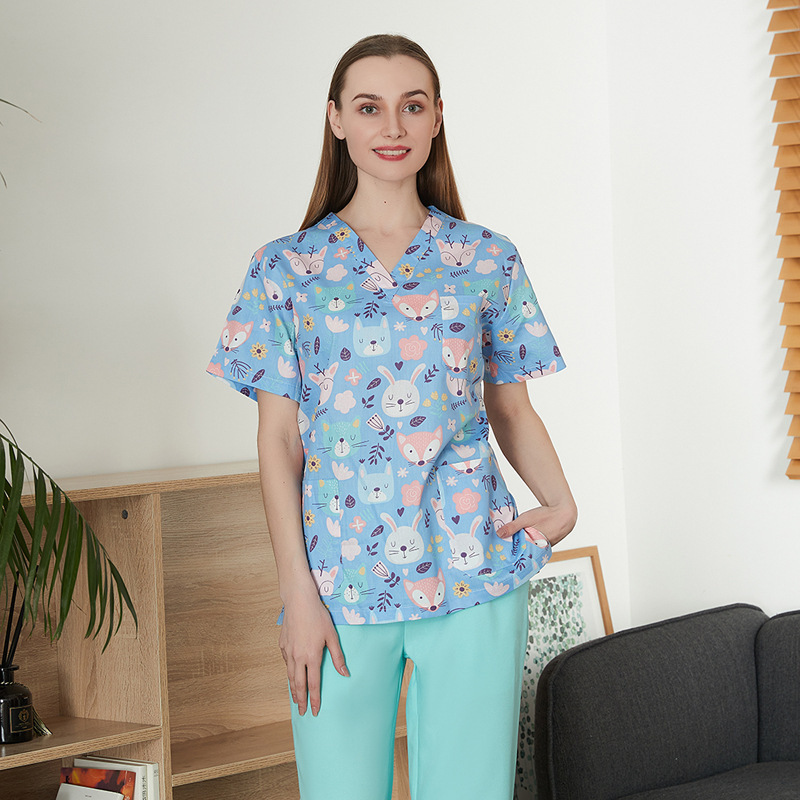 国境を越えたアマゾンの爆発的なアニメプリント看護師服女性vネック半袖tシャツ上着手術服作業服男性|undefined