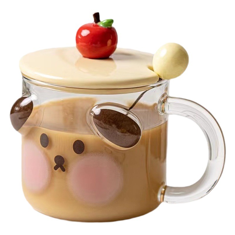 Personalidad creativa de dibujos animados Corazón de melocotón cerdo Cereza cachorro taza de vidrio en relieve taza de agua de desayuno de aspecto alto