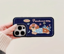 Perro salchicha de lunares de mezclilla bordado coreano para iPhone 15 funda para teléfono móvil 13 Apple 14ProMax cadena 12