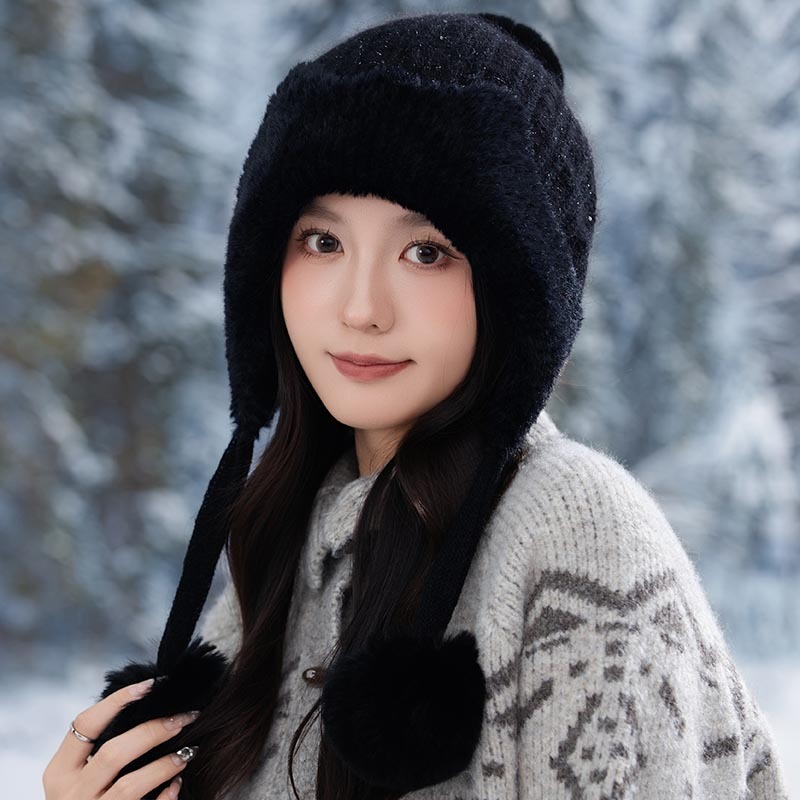 新款时尚针织帽女三毛球毛线帽冬天百搭保暖套头护耳帽休闲防寒帽|undefined