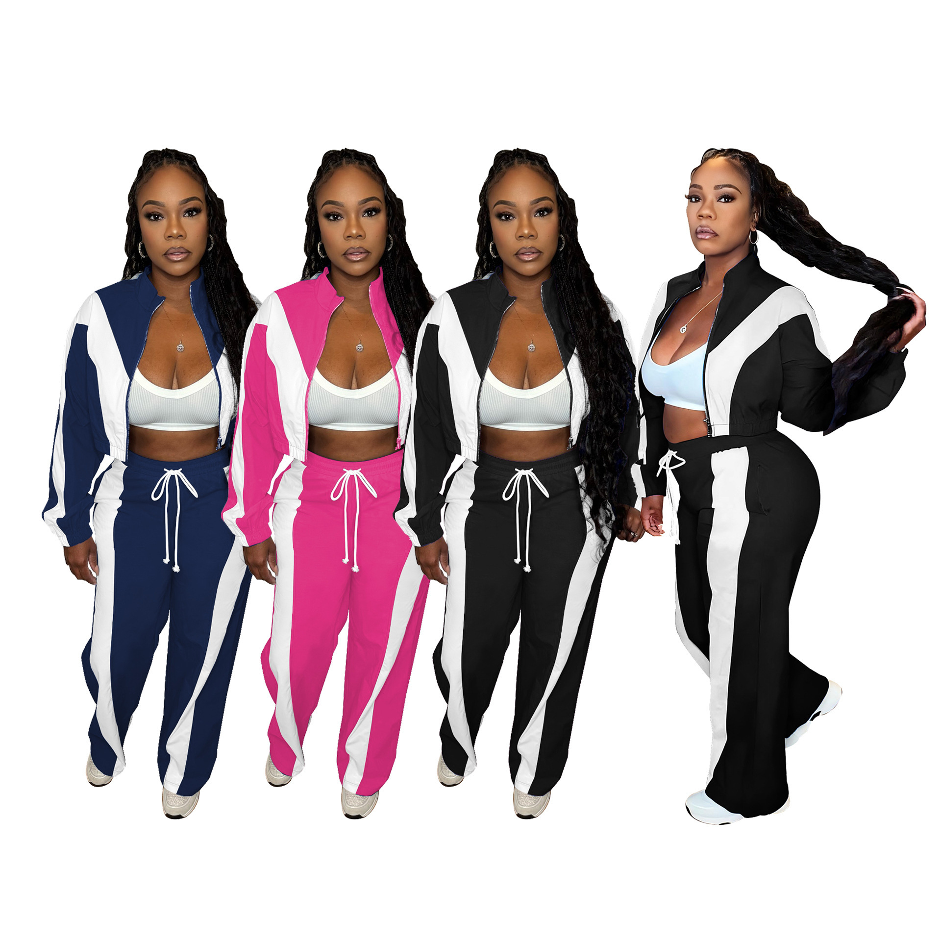 D10161 European and American Clothing Amazon Independent Station Loose Double Stripes Contrasting Sports Suit Casual Two-Piece Set