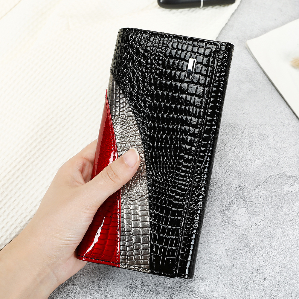 Ví cầm tay nữ da thật dáng dài phong cách đơn giản — Đen, Đỏ, Đỏ rượu, 18.5*3*9cm