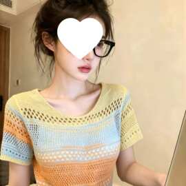 自留款推荐~彩色镂空渐变色圆领短袖针织衫上衣女夏季新款图片色