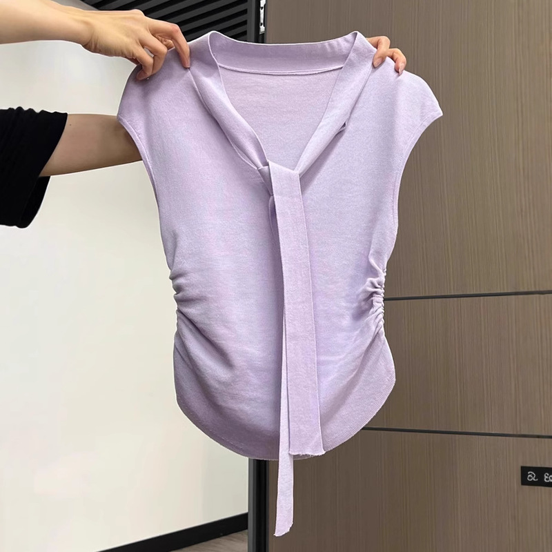 Sleeveless Floating Led Pleated Camisole Knitwear Women's Spring and Summer Inner Wear Small Slim-fit Elegant Top