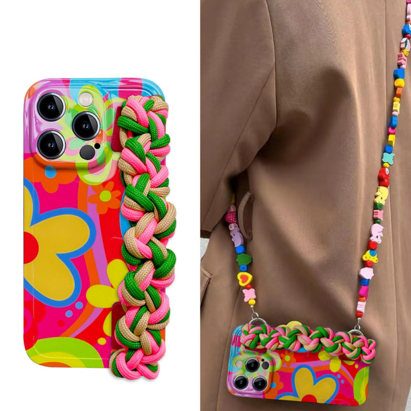 Woven Wristband for Apple 15 Mobile Phone Case Flower iPhone14 Building Blocks Crossbody 16promax Silicone Soft Case