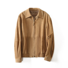 初秋新品HN4170进口真皮羊皮反绒复古老钱宽肩翻领夹克女休闲皮衣