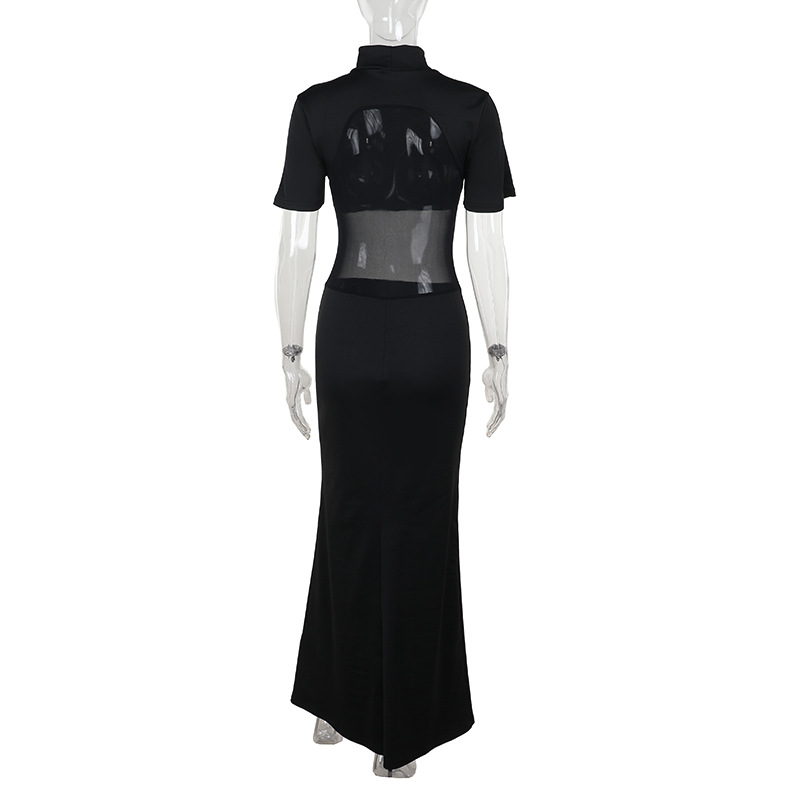 Autumn Socialite Elegant Sexy Mesh Slim Fit Stitching Small Turtleneck Dress Women