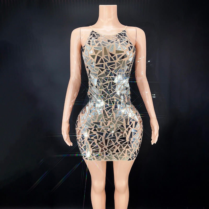 novance Ladies Luxury Costume Glittering Mirror Sequins Sexy Sleeveless Mini Ladies Evening Gown