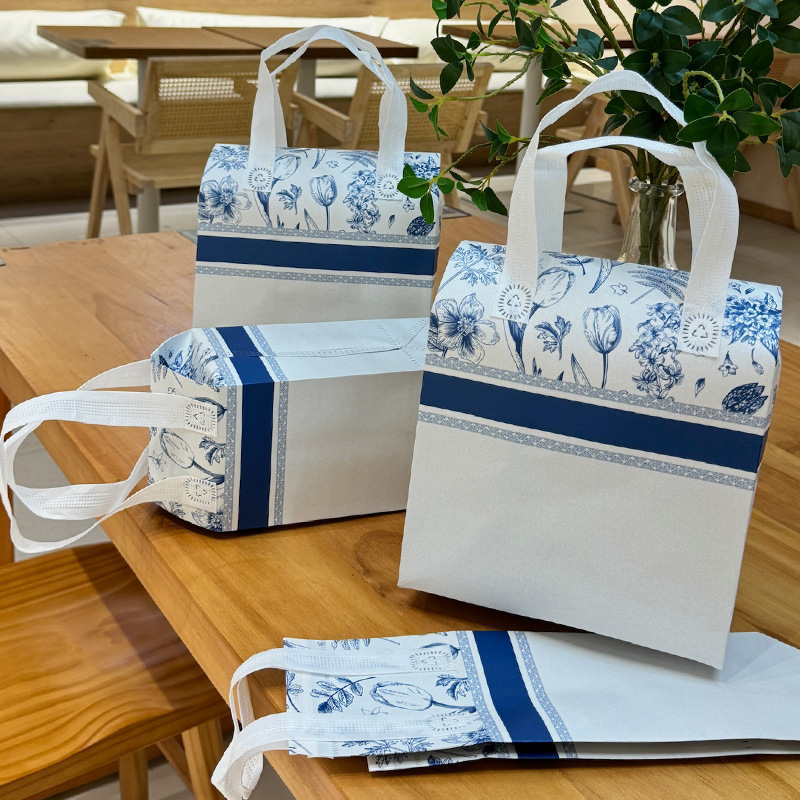 奶茶咖啡外卖保温袋青花瓷国风无纺袋单双杯手提餐饮打包袋定制