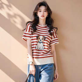 红白色条纹卡通小狗印花针织短袖今年夏季新款别致显瘦遮肉t恤女