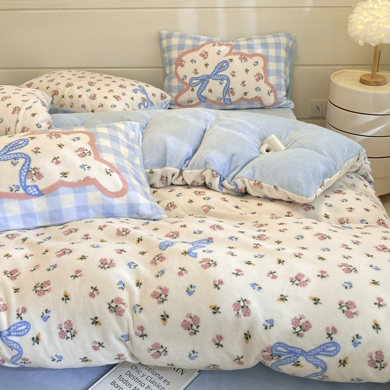 Otoño y invierno leche de seda de dopamina cama de cuatro piezas de seda de coral dormitorio flange sábanas de seda de tres piezas