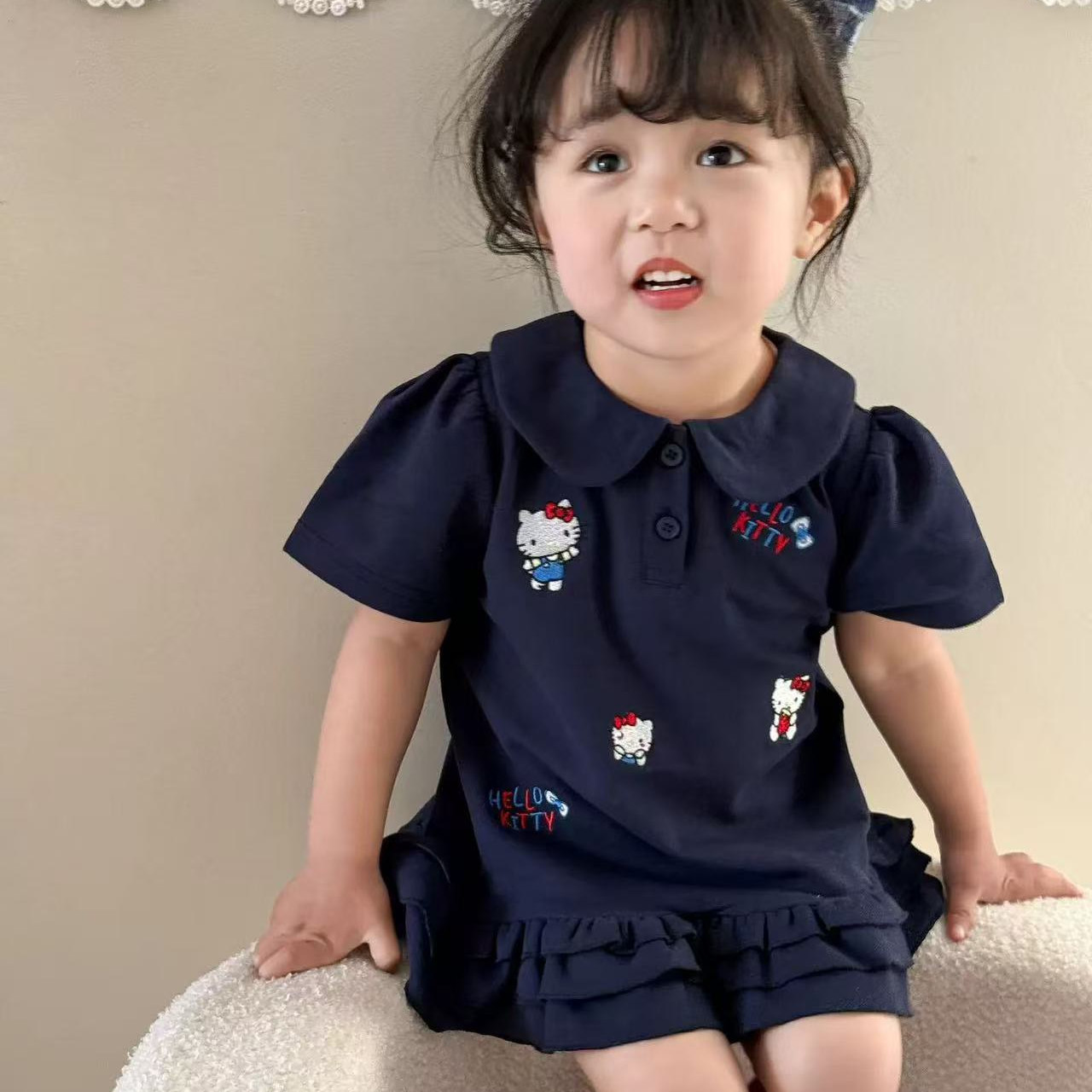 Xianning siete niñas cómodo vestido POLO verano nuevo bordado de gato vestido de princesa de estilo occidental de bebé femenino coreano