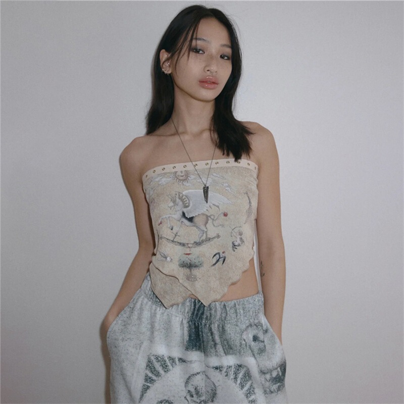 European and American 2026 Summer Fashion Trend Women's New One-Shoulder Slim-Fit Tie-Back Printed Versatile Tank Top European and American 2026 Summer Fashion Trend Women's New One-Shoulder Slim-Fit Tie-Back Printed Versatile Tank Top