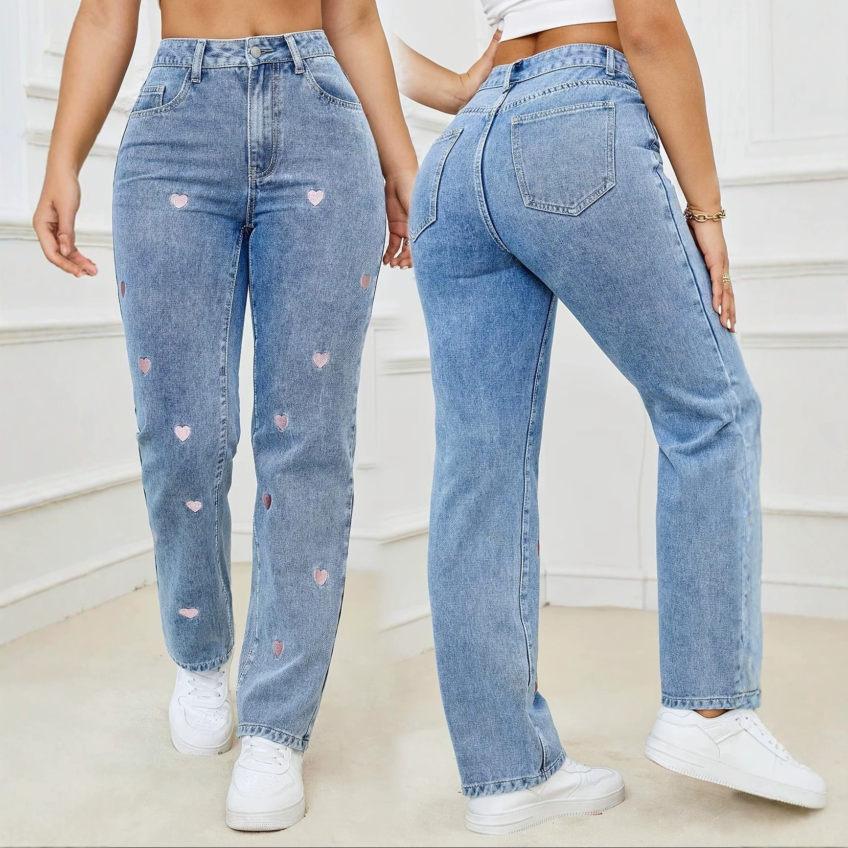 Jeans Rectos para Mujer en Mezclilla de Algodón, Elástico, Cintura Alta, Bordado, para Uso Casual image 2