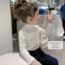 女童半高领长袖t恤秋装女宝宝洋气春秋款上衣儿童装莫代尔打底衫t