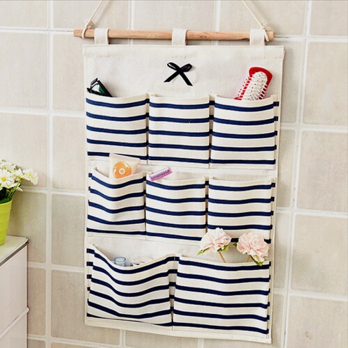 Factory Direct Sale Striped Six-Bag Eight-Bag Bowknot Storage Bag Kitchen Bathroom Wall-Mounted Cotton Linen Hanging Bag
