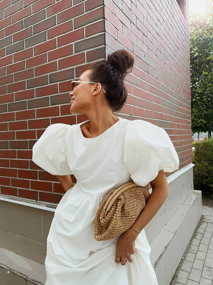 Đầm liền nữ cổ tròn tay phồng cotton dáng rộng màu trơn — Màu trắng chi tiết 16
