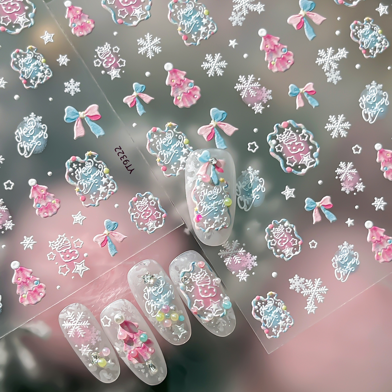 Yitu Sweet Girl Style Christmas Nail Stickers Embossed Pink and Blue Christmas Tree Snowflake Nail Stickers Factory YT9322