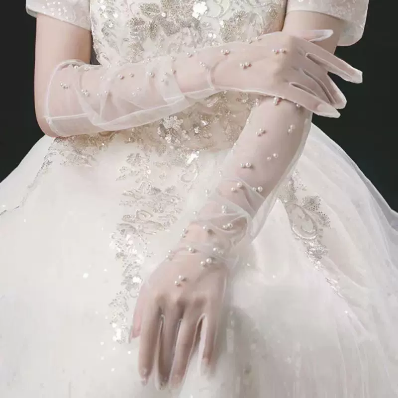 手工珍珠中长款全指网纱新娘手套白色婚纱薄款婚礼有指手套配饰