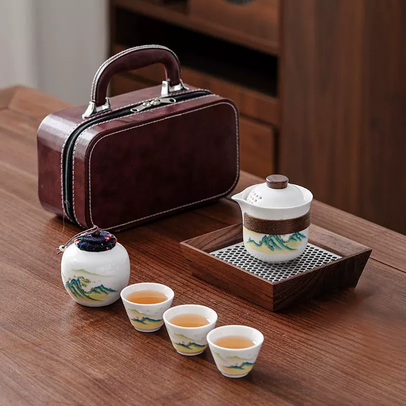 千里江山旅行茶具套装户外快客杯喝茶泡茶功夫茶具一壶三杯伴手礼