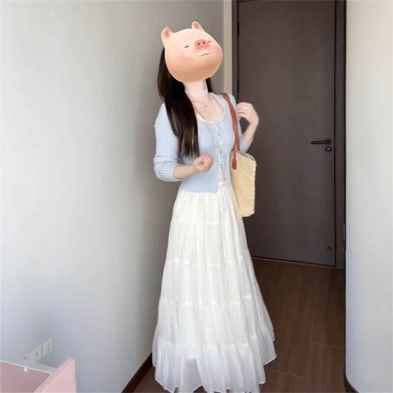 秋季一整套度假风超仙显瘦女学生半身裙+韩系减龄拼接假两件上衣|undefined