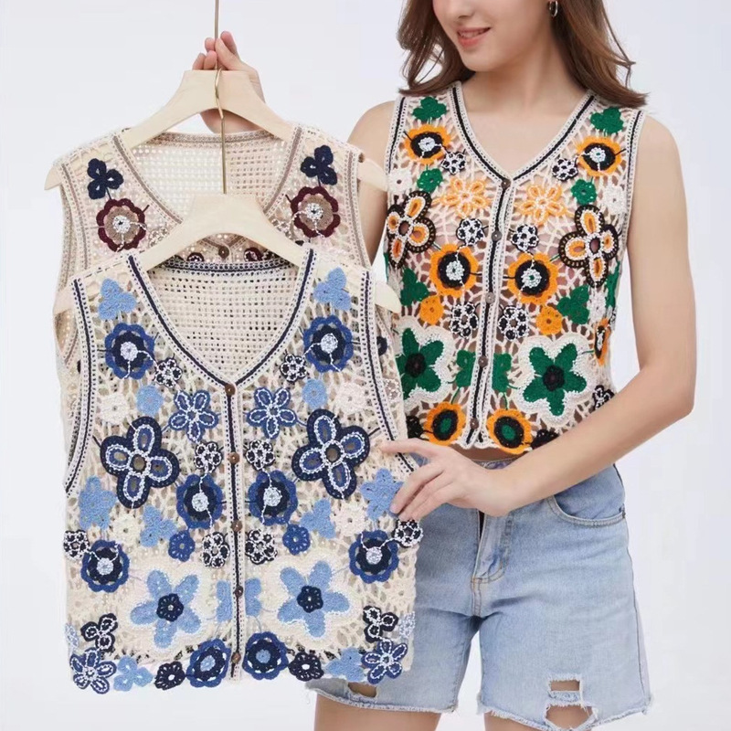 Retro Ethnic Style Beaded Crochet Lace Vest for Women, Spring and Summer Hollow-Out Thin Single-Breasted Cardigan for Outerwear