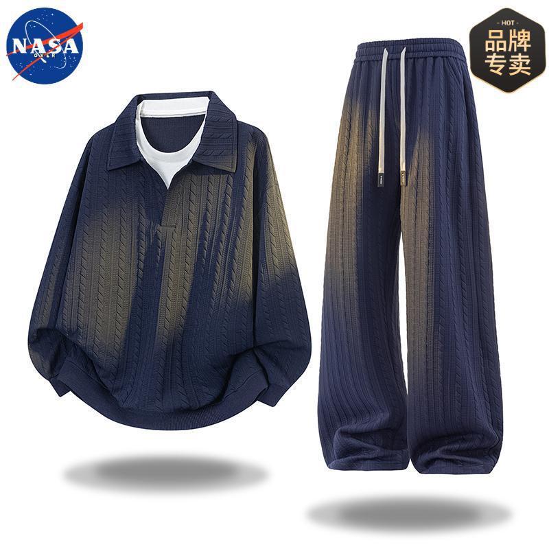 NASA品牌男士大码提花卫衣肌理感套装春秋季宽松高级感卫衣两件套|undefined