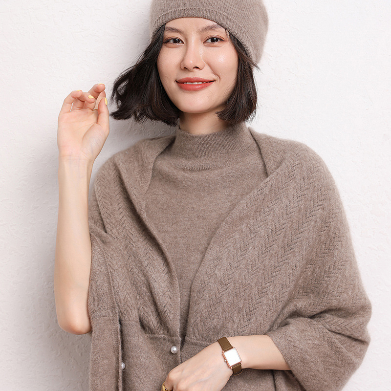 羊毛针织围巾纯色珍珠扣多功能大披肩保暖百搭多用围脖秋冬新款