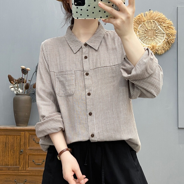 Japanese-Style Pointed Collar Patchwork Striped Double-Layer Cotton Long-Sleeve Shirt Women 2025 Autumn New Slimming Top