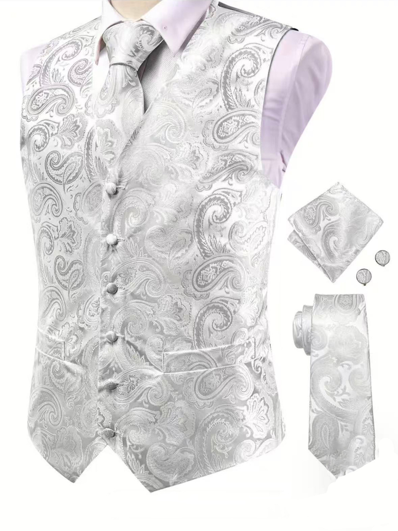Herren Paisley Weste Set Mit Krawatte Einstecktuch Manschetten_voghion.com