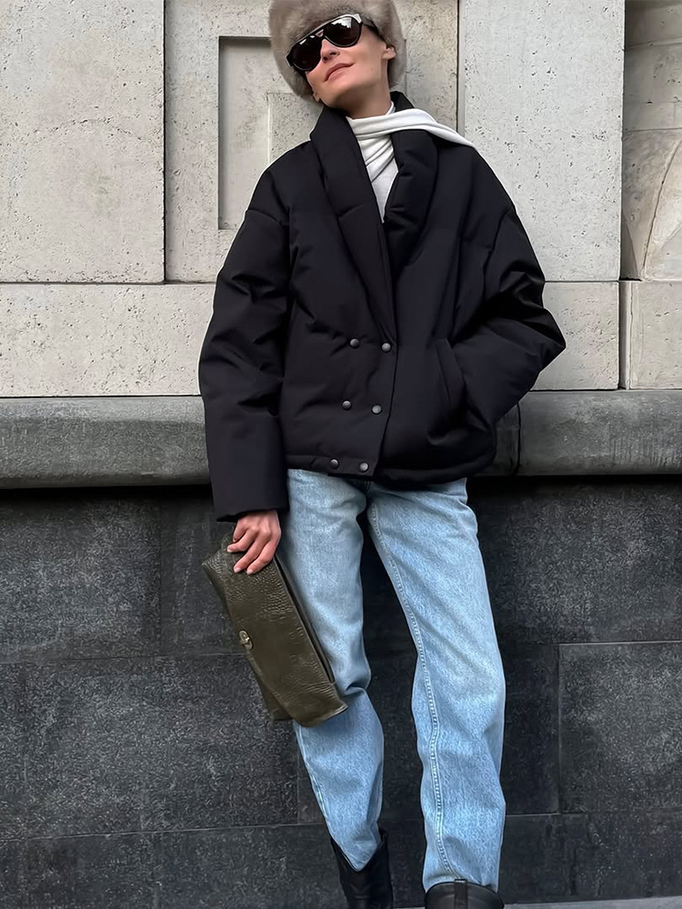 Temperamento de moda simple viento de color sólido V-collar doble abrazadera de algodón abrigo 2025 otoño y invierno nuevo estilo transfronterizo europeo y americano