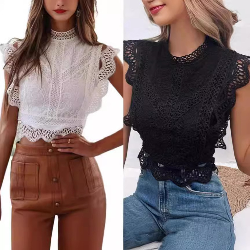 2025 Summer European and American Amazon Foreign Trade New Sexy Hollow Out Solid Color Lace Geometric Pattern Top Women's Lace Shirt