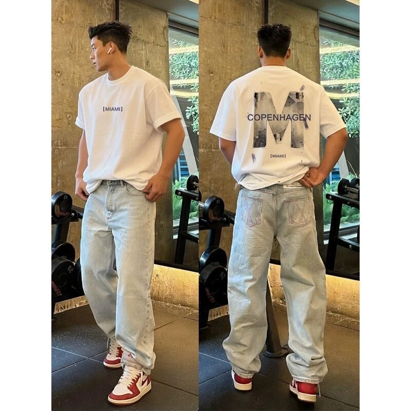 【No returns or exchanges for multiple items】Trendy hip-hop brand M letter short-sleeve T-shirt for men, summer heavy-weight pure cotton top for men