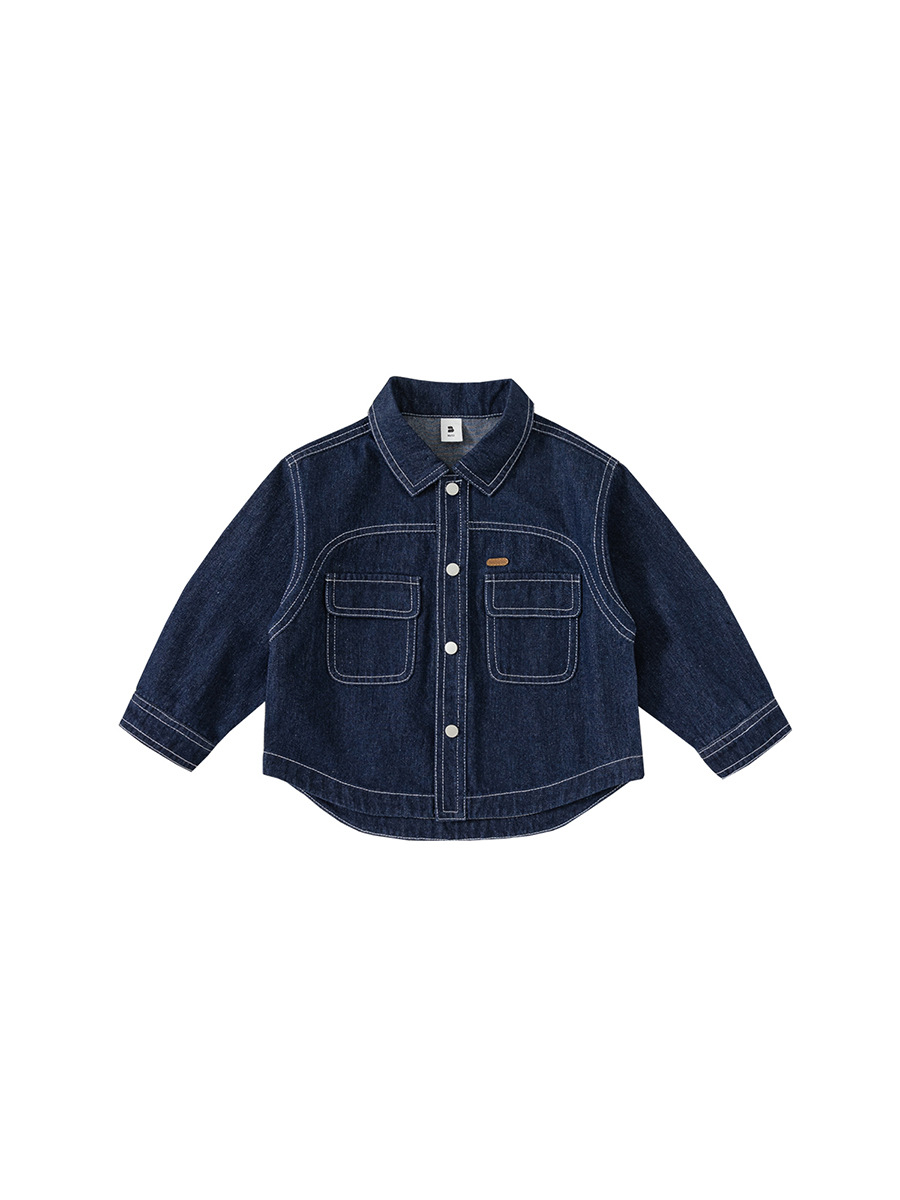 Ropa infantil Bangxuan, chaqueta para niños, camisa con costuras decorativas y cuello vuelto, ropa de mezclilla de manga larga para primavera y otoño, top para niñas