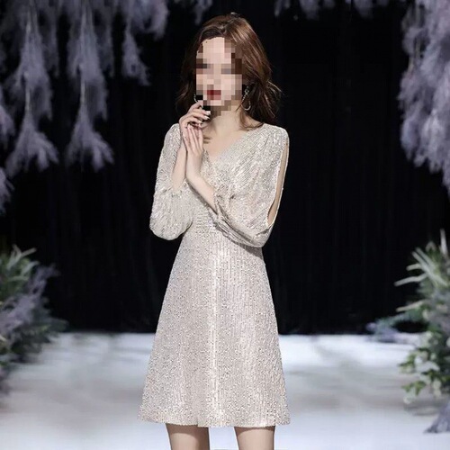 Small evening dress dress for women's new style celebrity sequins light luxury temperament banquet host dress texture