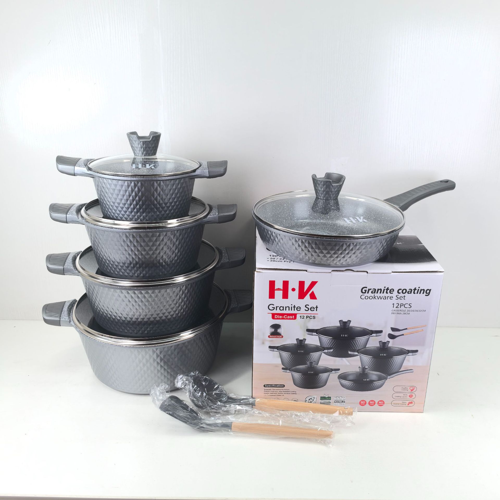 Juego de 10 piezas de utensilios de cocina antiadherentes de mármol con un pequeño patrón de diamantes, juego de ollas de aluminio con revestimiento de piedra Maifan, olla de fundición a presión para cocina de inducción. image 10