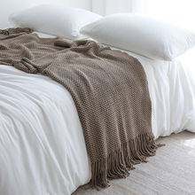 新款纯色黄色针织沙发装饰毯床尾巾盖毯镂空编织毛线休闲毯盖毯g^