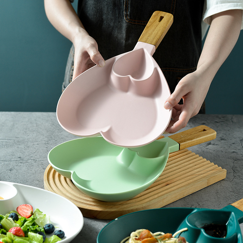 Placa de bola de masa de cerámica hogar Placa de desayuno con plato de vinagre plato de comida occidental Placa de merienda bandeja de cerámica mango de madera