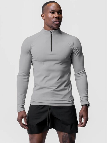 Men's European and American Sports Fitness Compression Spandex Half-Zip Dry-Wicking Solid Color Exercise Long-Sleeve Top